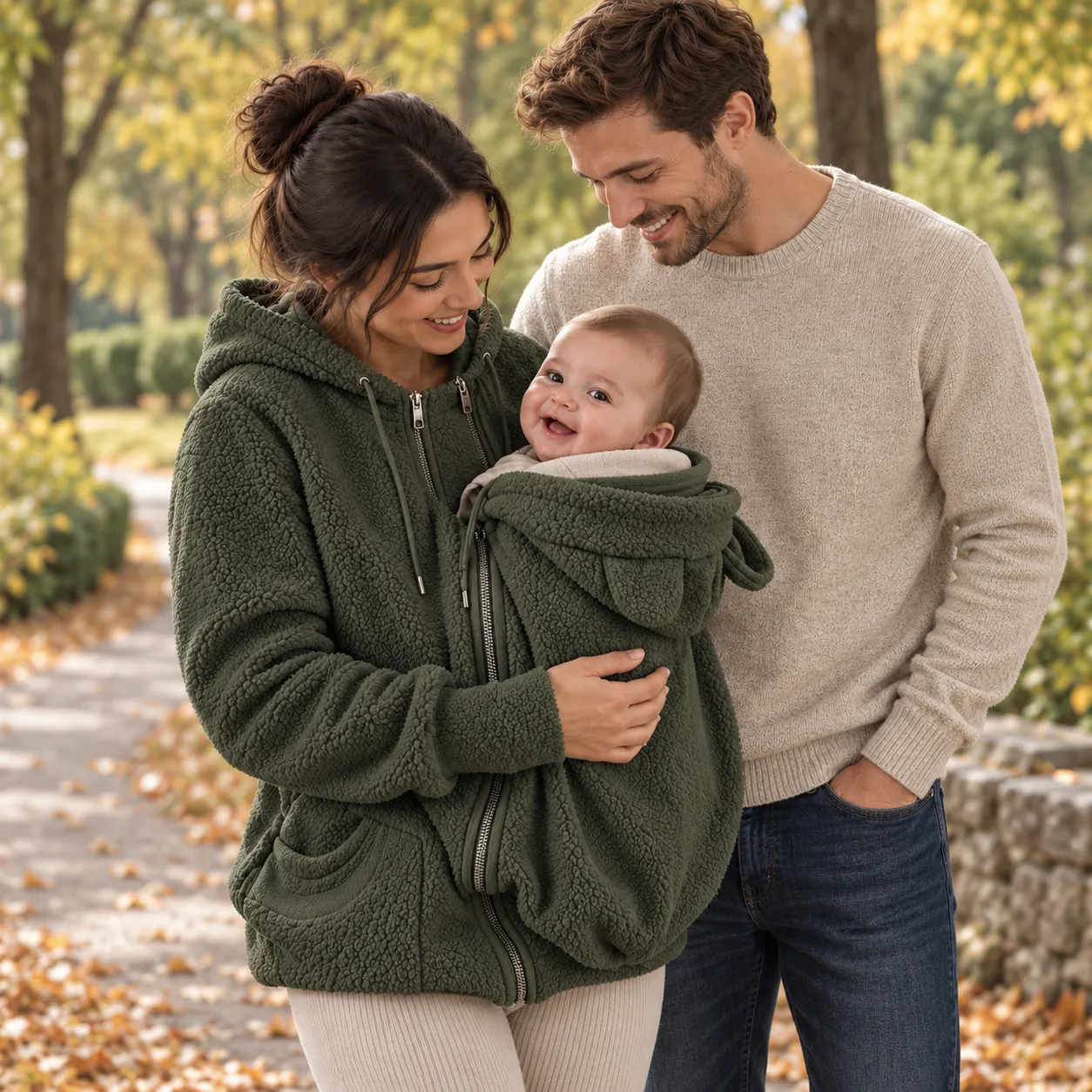 Mom wearing the green kangaroo hoodie with her baby in the front pouch