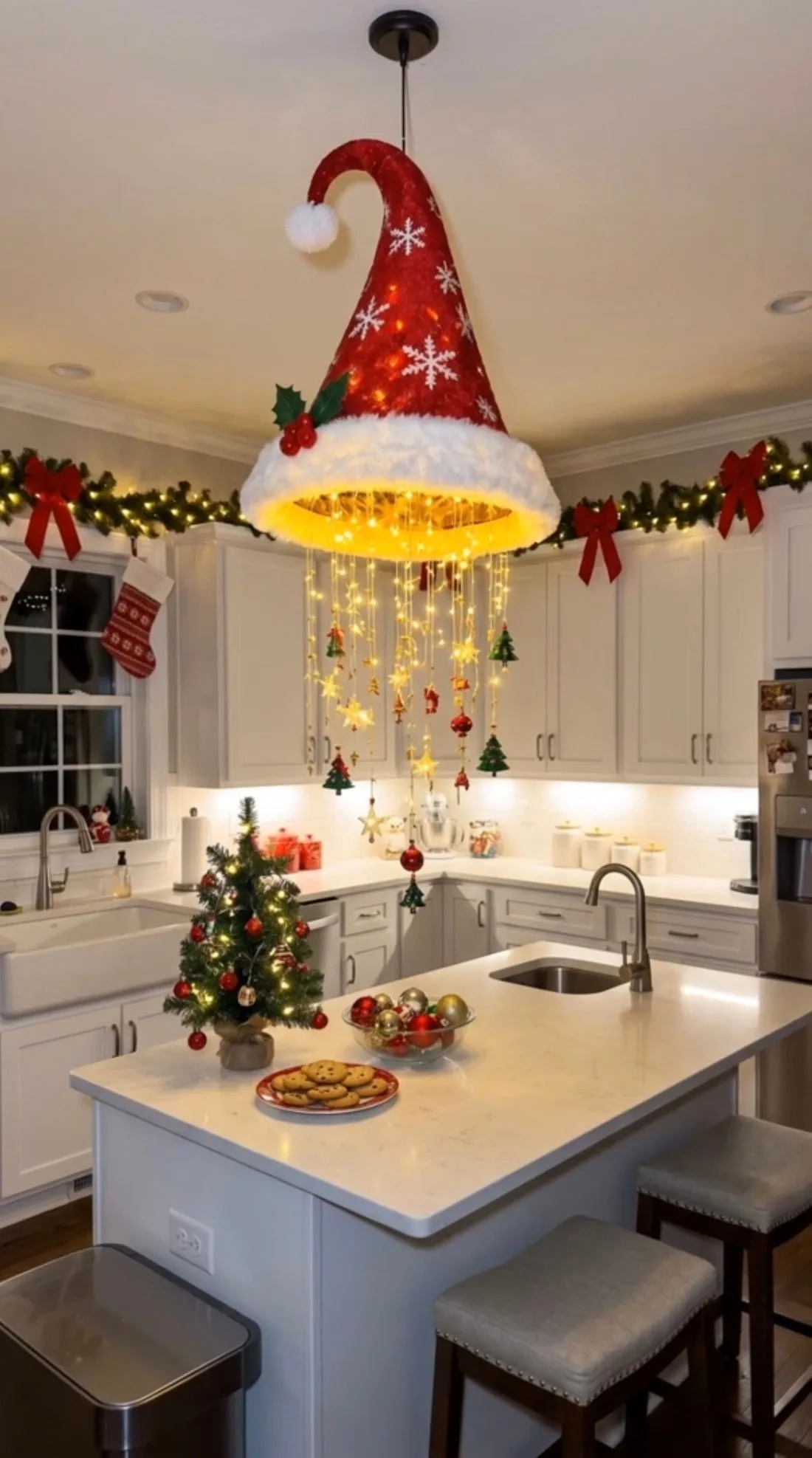 Christmas hat light hanging over a kitchen island