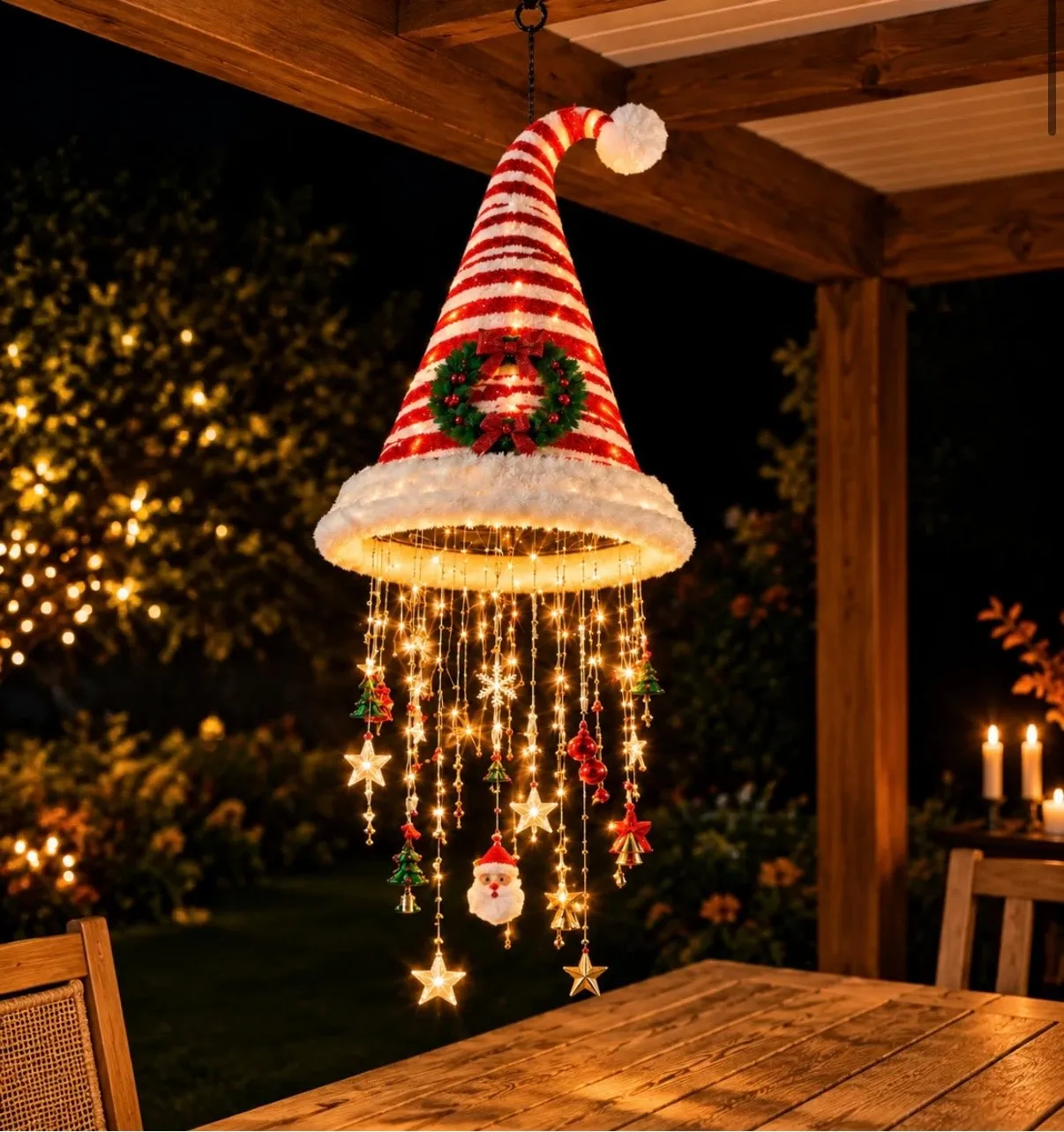 Christmas hat glow light hanging from a pergola at night